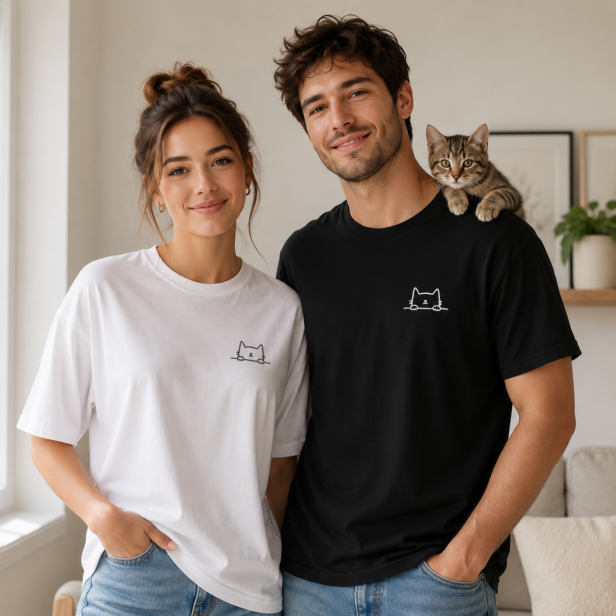 The Peek-a-Meow Tee · 100% Cotton Minimalist Cat T-Shirt