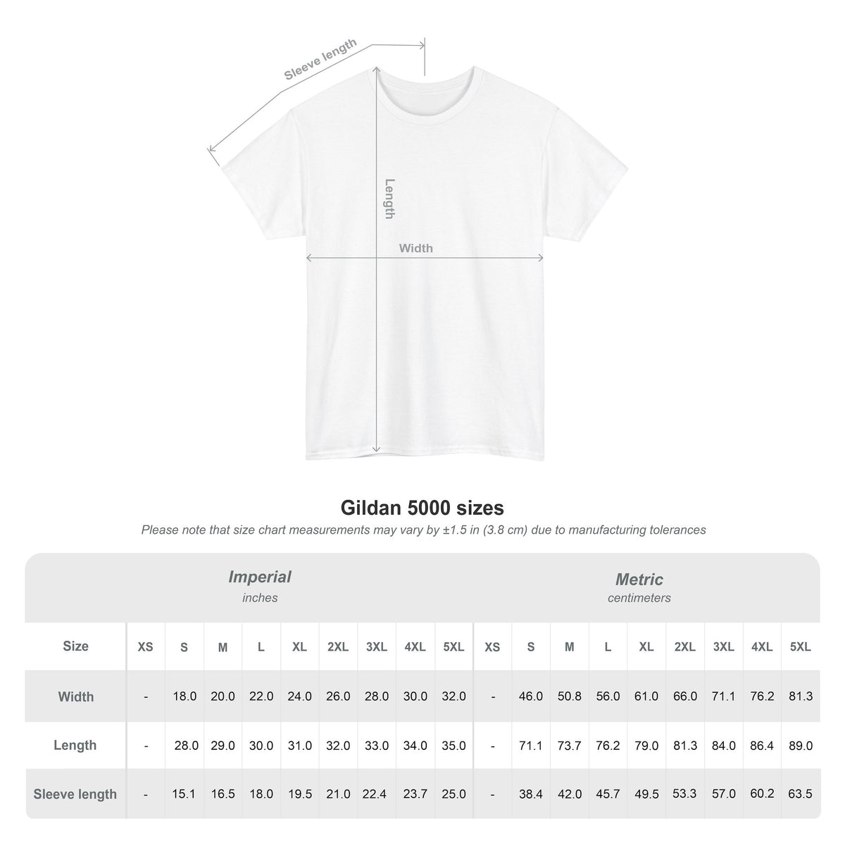Gildan 5000 unisex T-shirt size chart with width, length and sleeve measurements in inches and centimeters