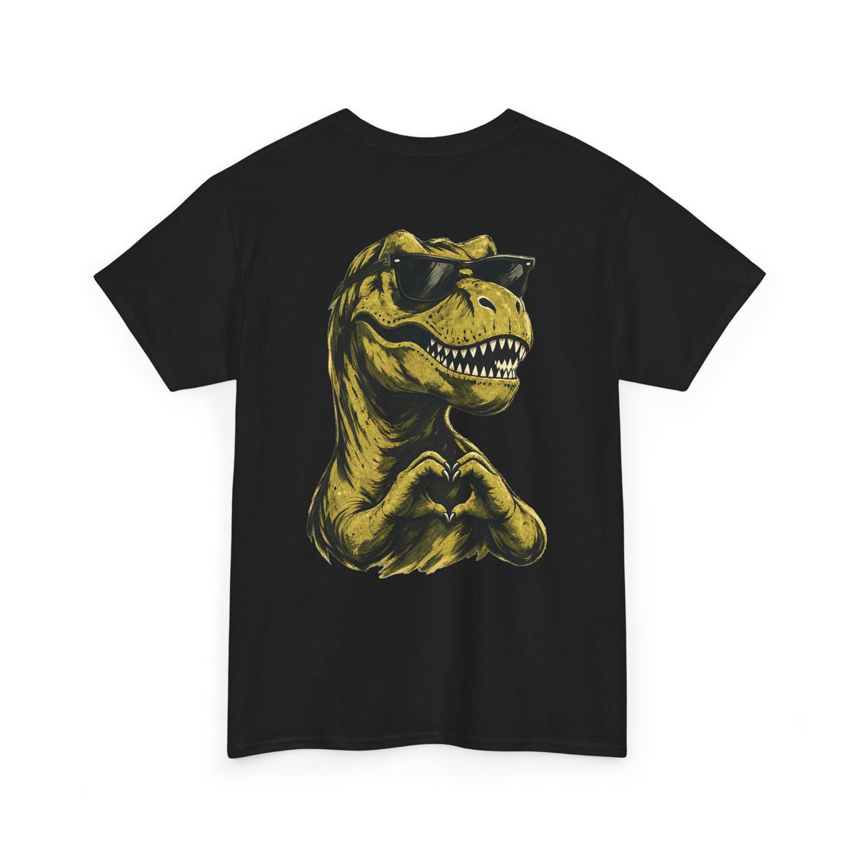 Black I Rawr You T-Rex back print graphic tee by QUOTEZ with sunglasses and heart hands