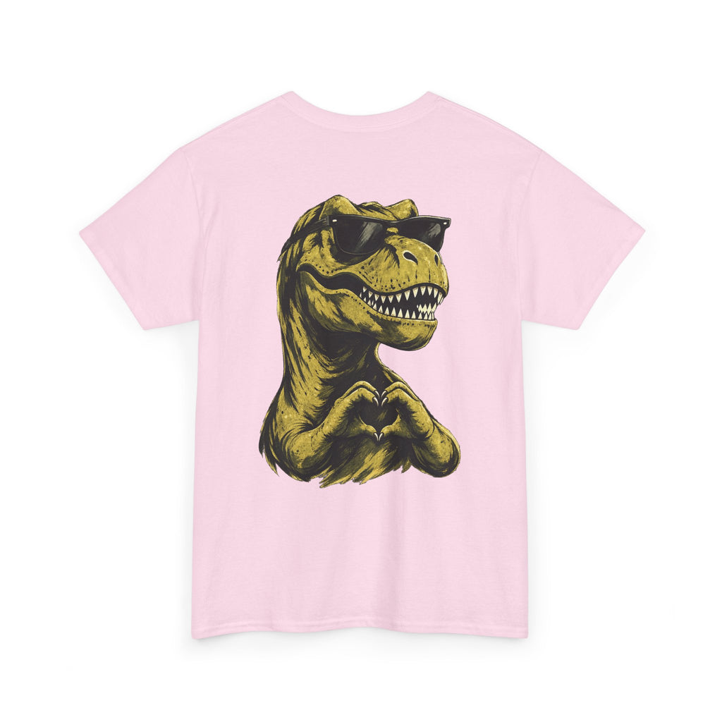 Light Pink I Rawr You T-Rex back print graphic tee by QUOTEZ with sunglasses and heart hands