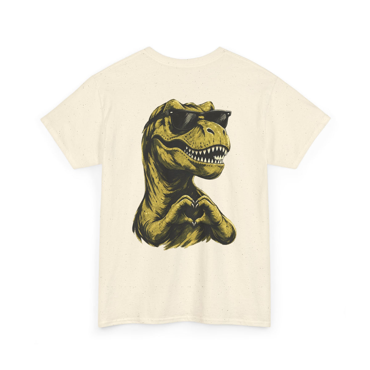 Natural I Rawr You T-Rex back print graphic tee by QUOTEZ with sunglasses and heart hands