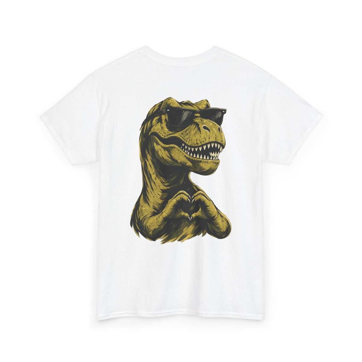 White I Rawr You T-Rex back print graphic tee by QUOTEZ with sunglasses and heart hands