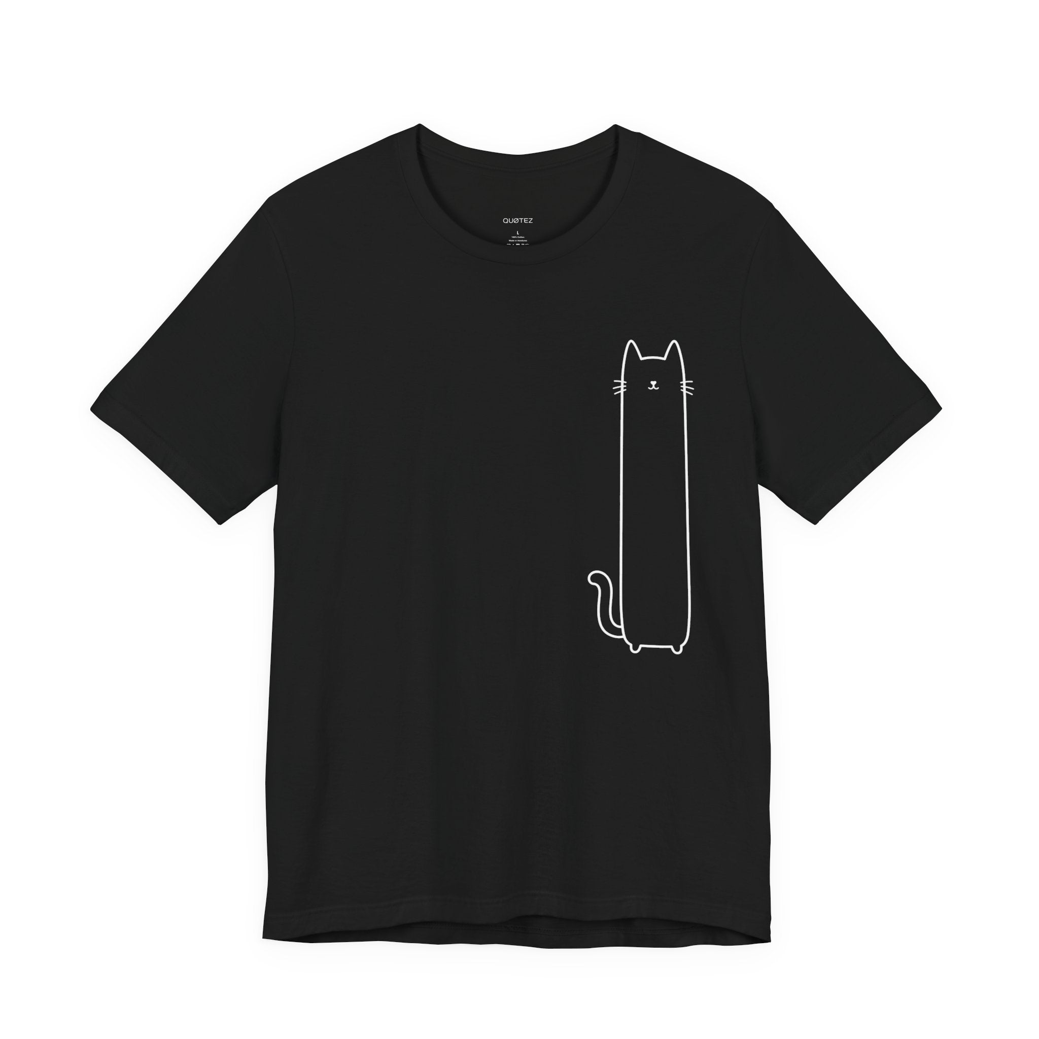 Black Tall Meow Tee with white minimalist tall cat design by QUØTEZ