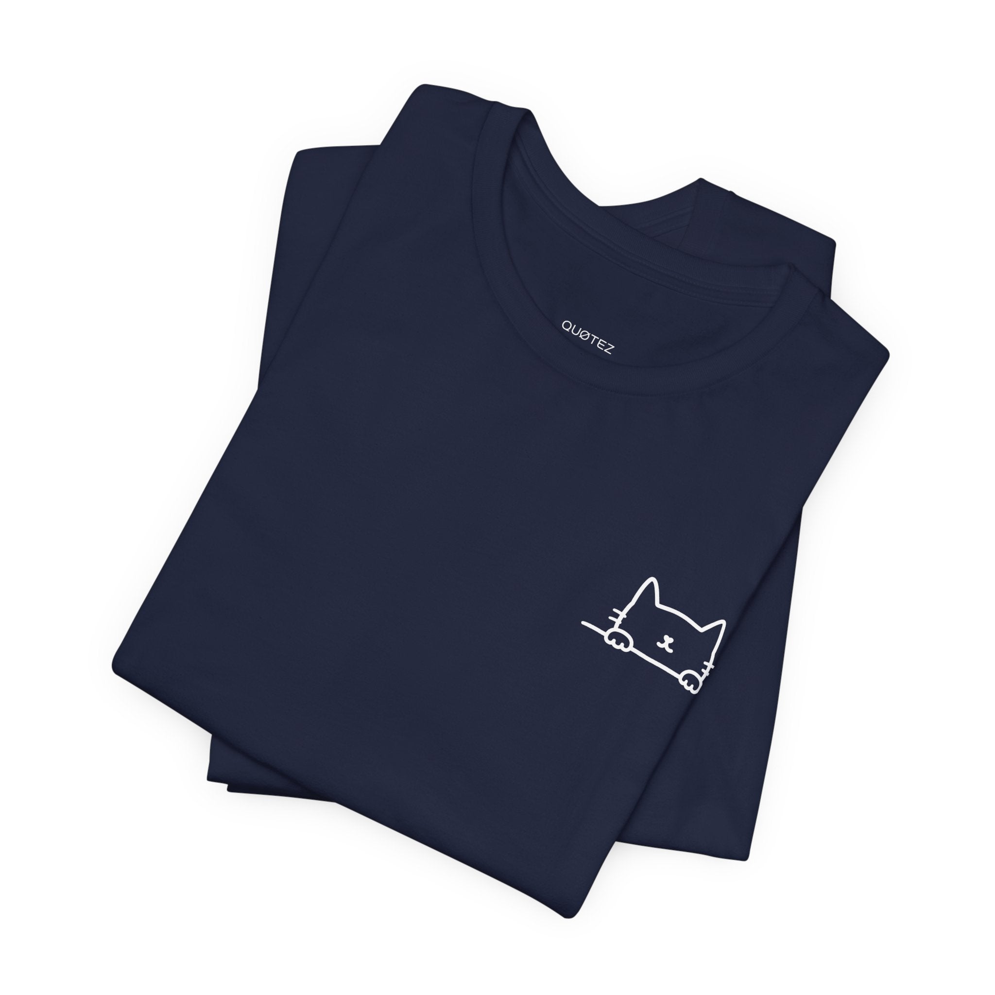 Navy Peek-a-Meow Tee with white minimalist peeking cat design by QUØTEZ