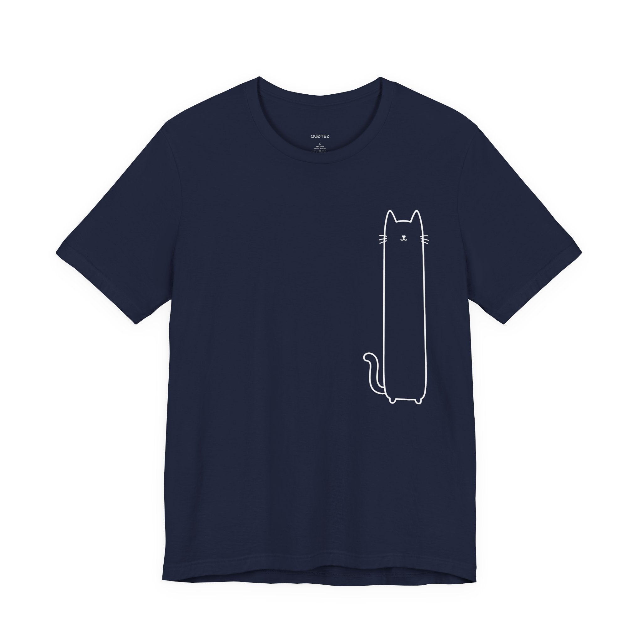 Navy Tall Meow Tee with white minimalist tall cat design by QUØTEZ