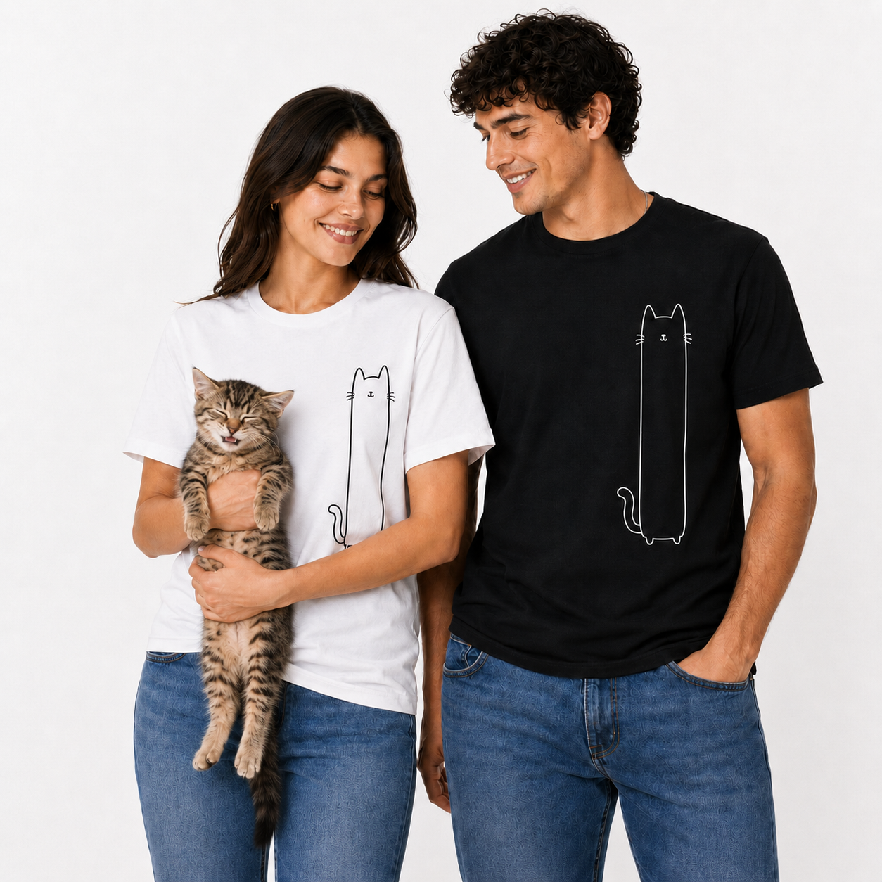 Couple wearing black and white Tall Meow Tees with a sleepy tabby kitten
