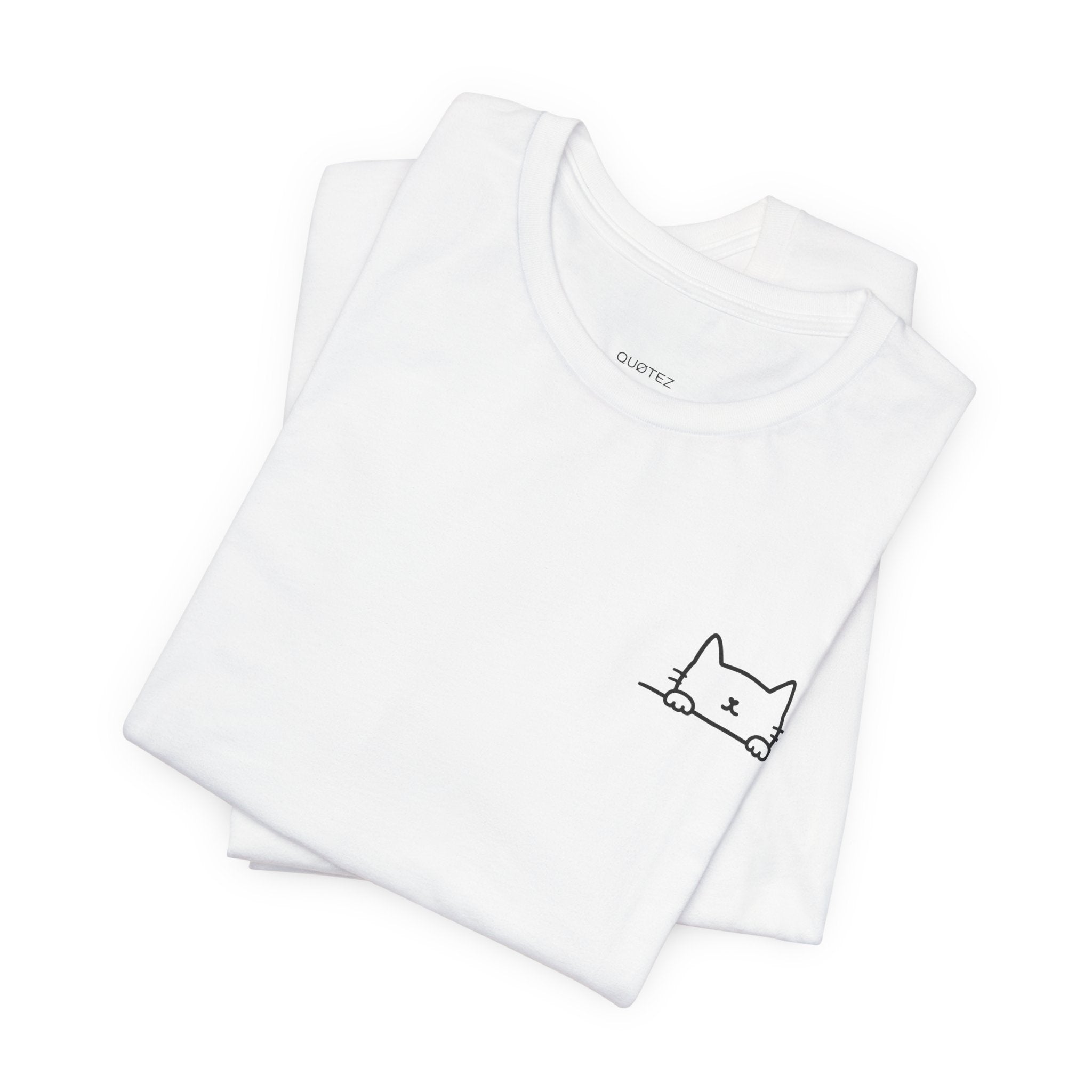 White Peek-a-Meow Tee with black minimalist peeking cat design by QUØTEZ