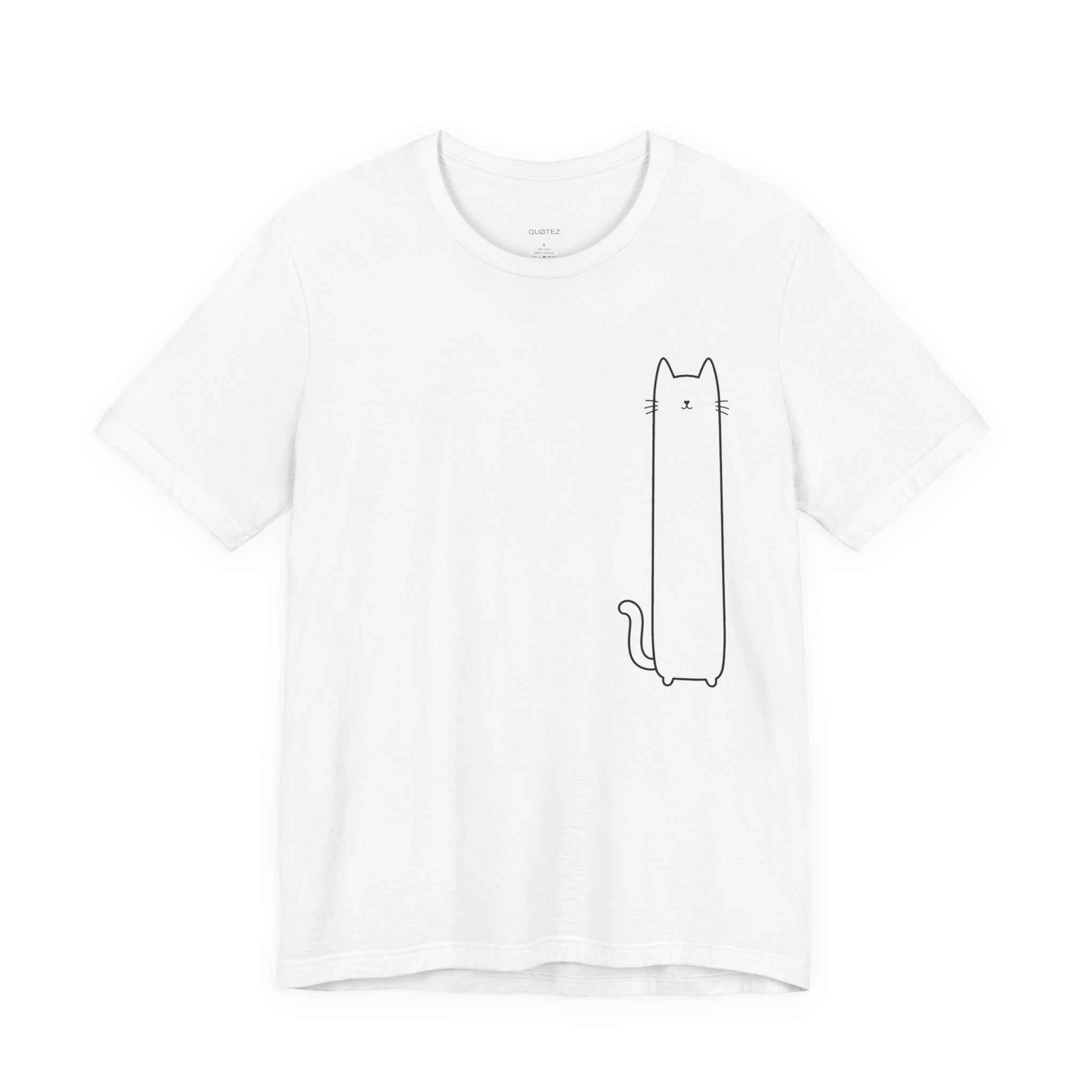 White Tall Meow Tee with black minimalist tall cat design by QUØTEZ